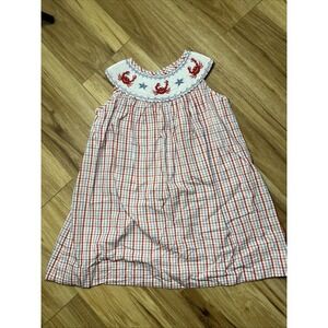 VTG Zuccini Girls 4T Smocked Plaid Crab Starfish Sleeveless Dress Summer Marine